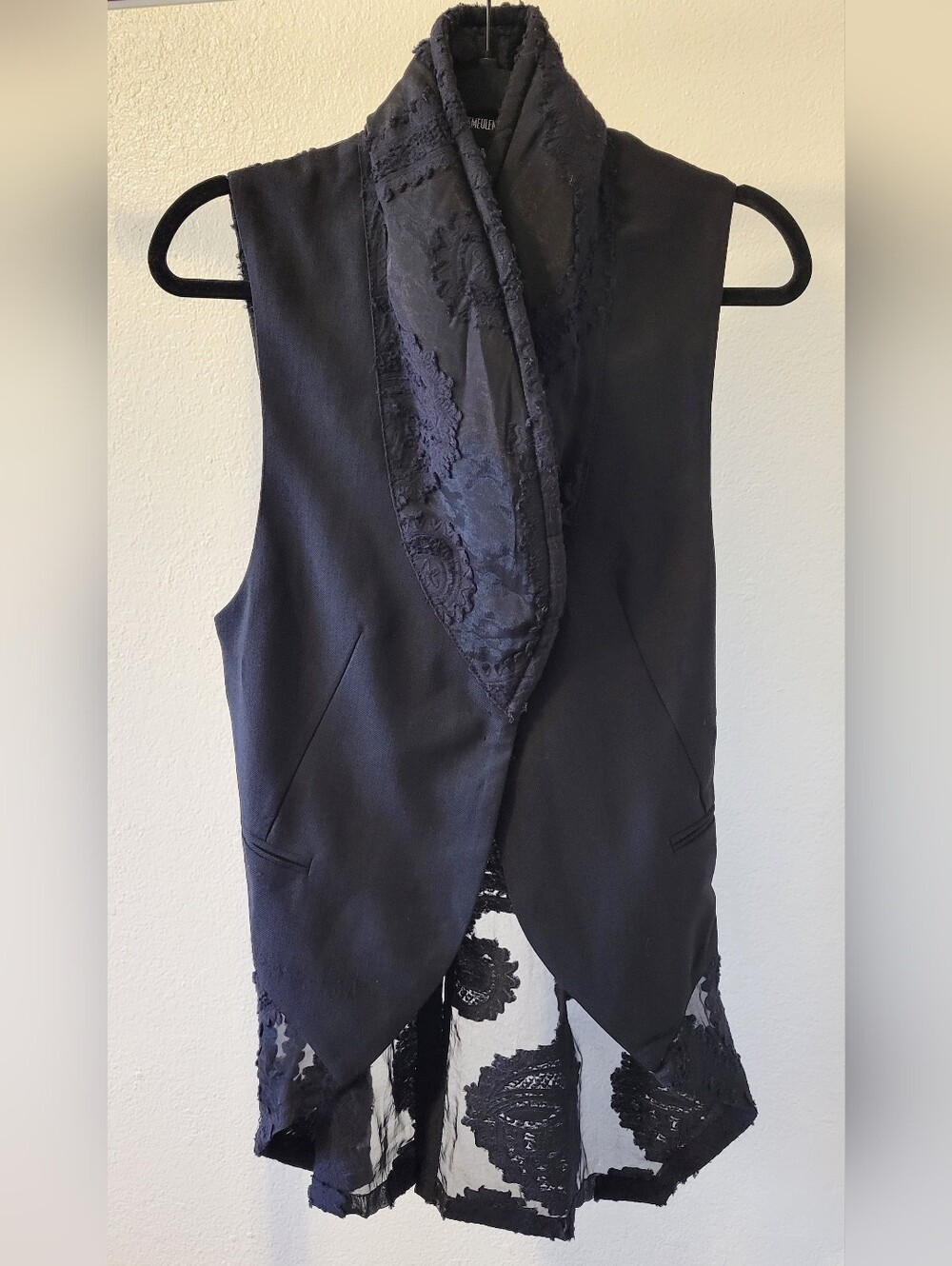 Ann Demeulemeester Black Wool Blend Mixed Media Paisley Mesh Long Vest IT 40
